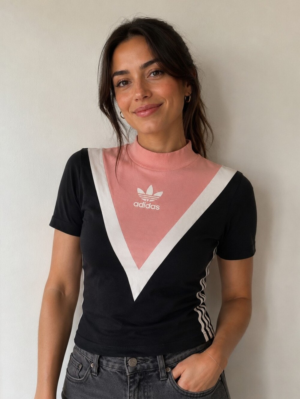 Adidas Pink & Black V‑Chevron Short Sleeve Top